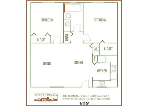 Floor plan for 2 beds, 1 bath, 765 sqft